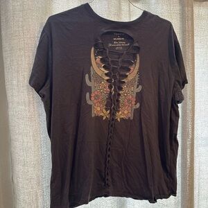 torrid Grey Tee with Braided Lace-Front and Floral Cactus Graphic